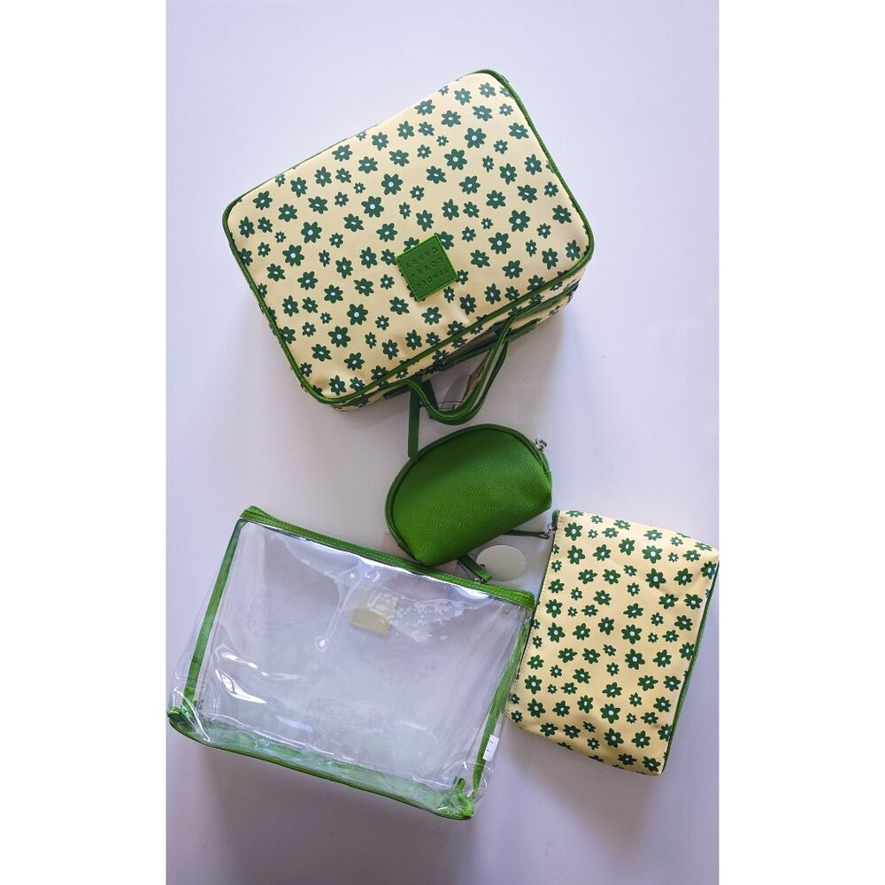 4PC Premium Travel Makeup Bag Set Clear Cosmetic Organizer Floral Case + Pouches